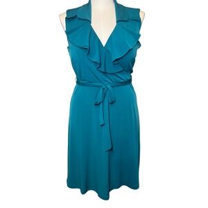 Sandra Darren Teal Blue‎ Ruffle Collar Sleeveless Tie Waist Midi Dress Size 10